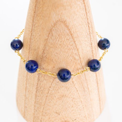 Bracelet 5 Lapis Lazuli naturels espacés sur chaîne acier doré