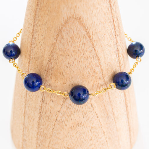 Bracelet 5 Lapis Lazuli naturels espacés sur chaîne acier doré