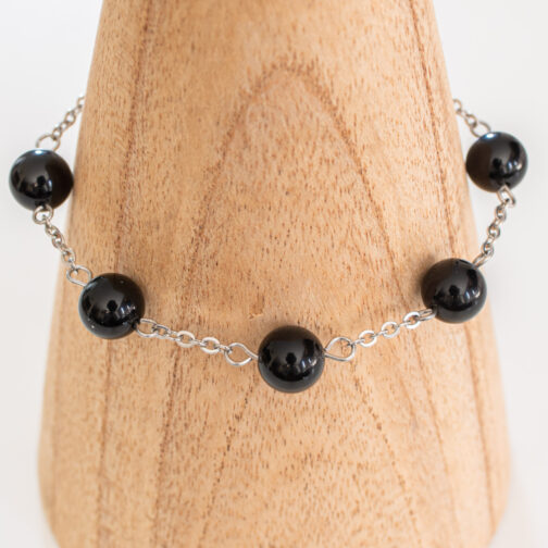 Bracelet 5 Obsidiennes noires naturelles espacées sur chaîne