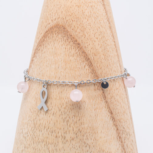 Bracelet Gine en Quartz rose naturel avec sequins et ruban de sensibilisation sur chaîne acier