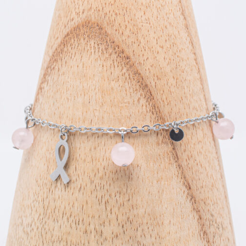 Bracelet Gine en Quartz rose naturel avec sequins et ruban de sensibilisation sur chaîne acier